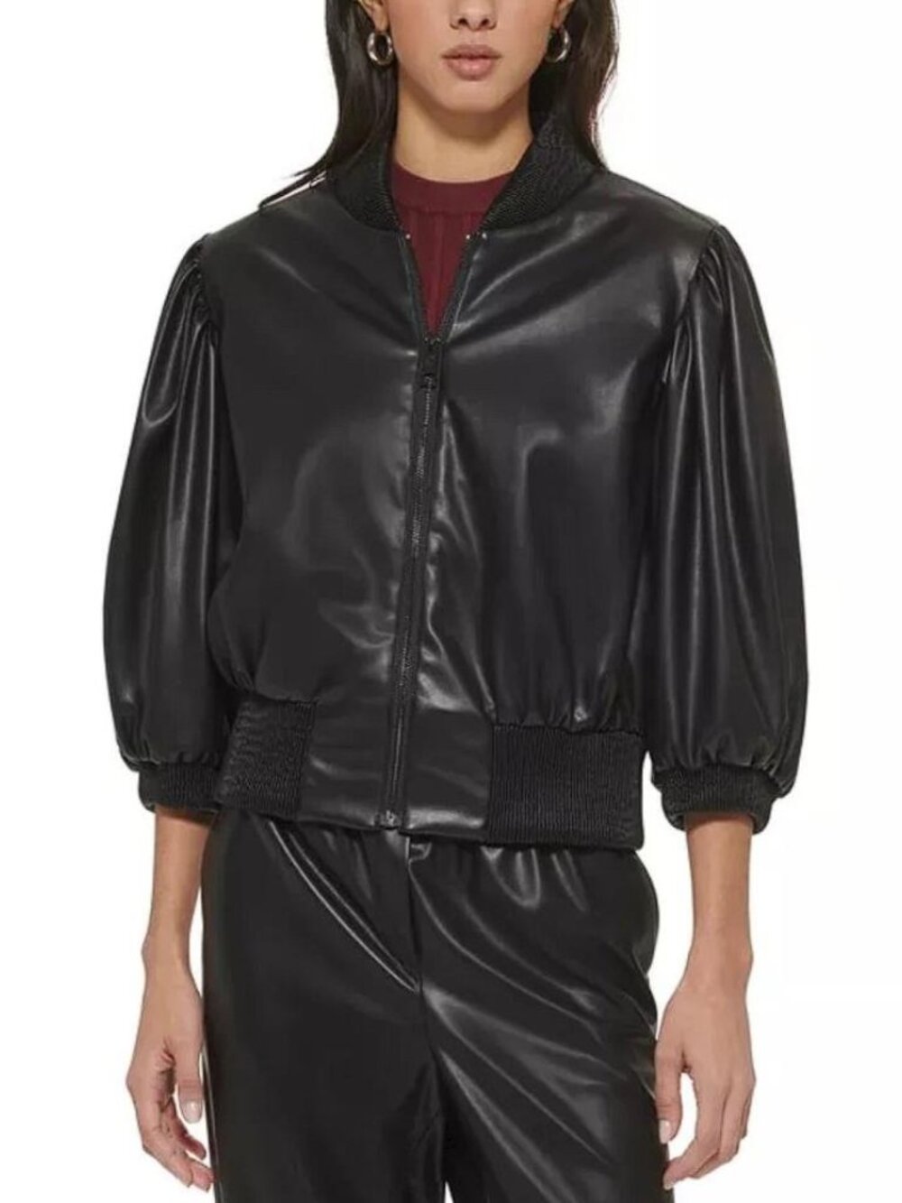 DKNY Women's Faux-Leather Blouson-Sleeve Cropped Bomber Jacket Size S In Black